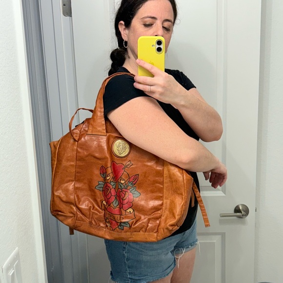 Authentic Gucci Brown Leather Tote with Red Rose Design​ - Picture 1 of 10